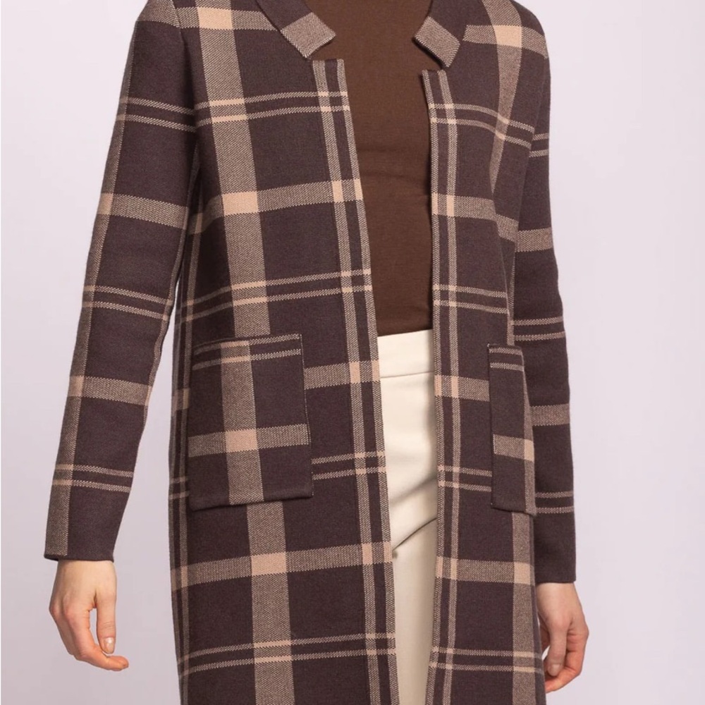Pink Martini Brown Plaid Longline Coat | Wool-Blend Open Front. Coatigan. (NWT)